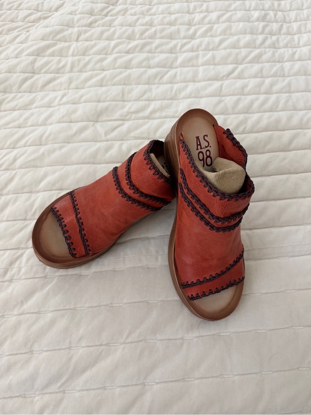 A.S.98 Nelson Rust Leather Open-Toe Clog Mules with Contrast Stitching